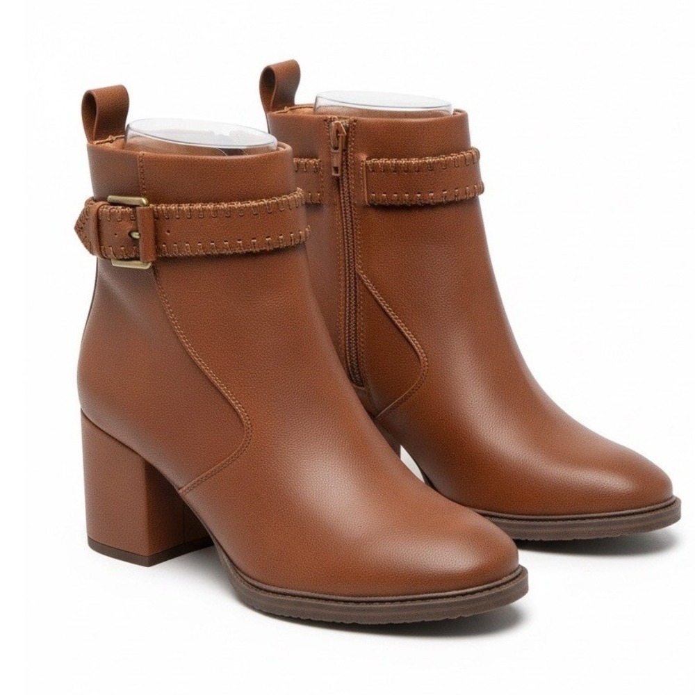 Zodiac Rexx Ankle Boots Cognac Brown Whipstitch Buckle Block Heel Booties‎ 7M